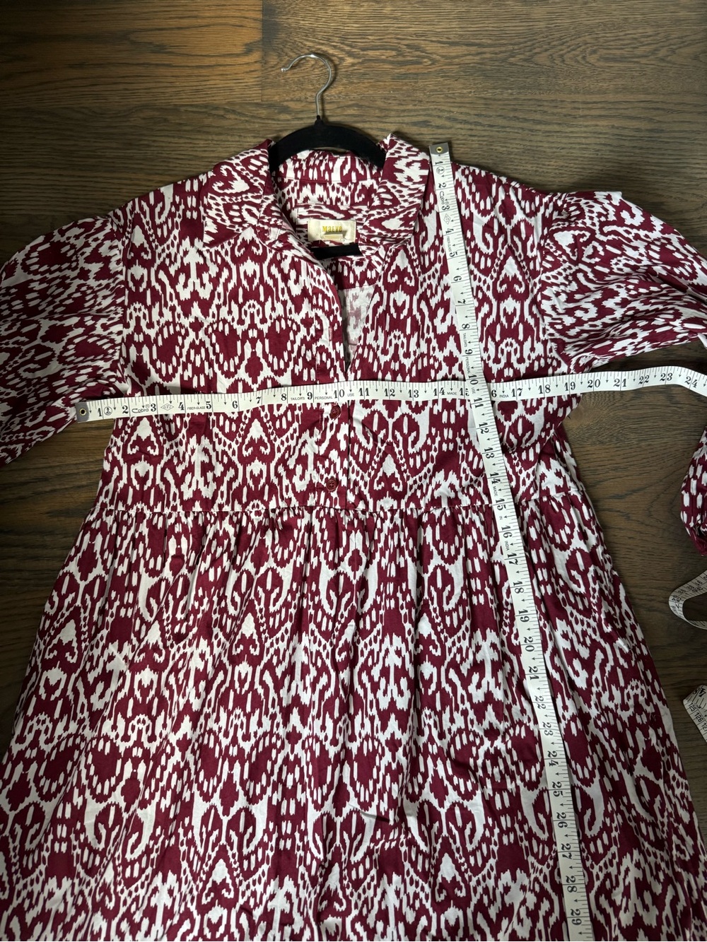 Maeve Bettina Tiered Shirt Dress from Anthropologie in a burgundy ikat print.S. - Picture 10 of 11
